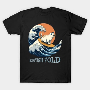 Scottish Fold Cat Surfing On The Great Wave Off Kanagawa T-Shirt